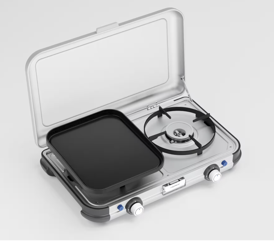 Fornello da campeggio a gas 2 fuochi Camp & Grill | Piastra e Grill 150€